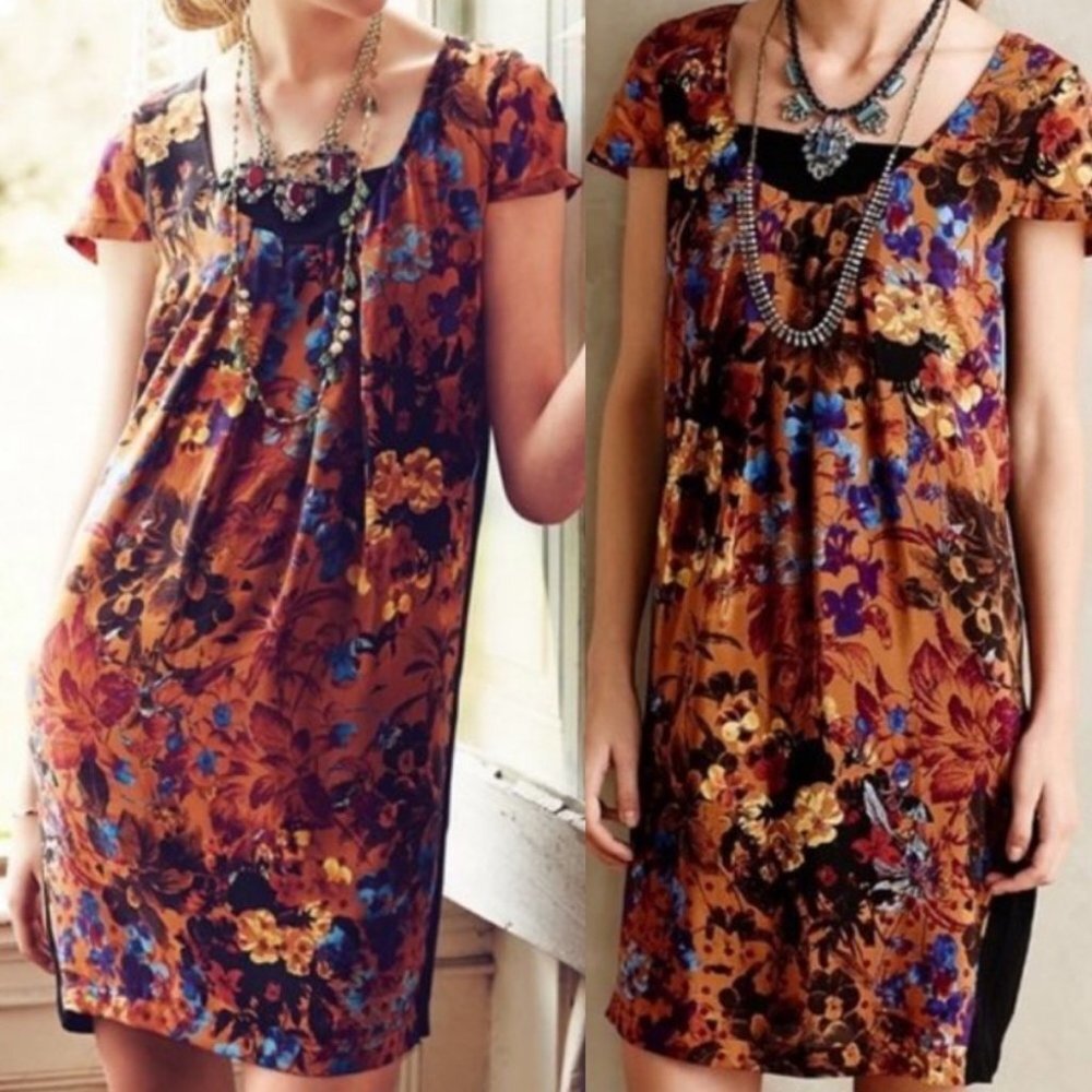 Anthropologie 100% Silk Pintura Shift Dress Size XS Floral Print Bohemian Boho